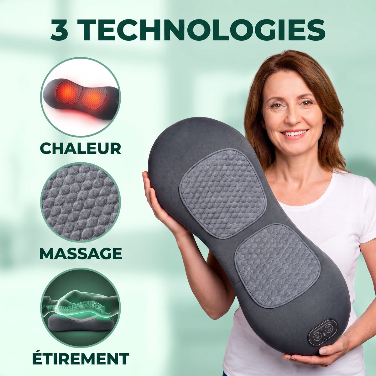 Les 3 technologies de LomboCalm : chaleur, massage, étirement